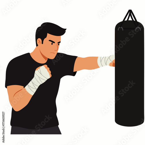 A determined man practices boxing, throwing a punch at a heavy bag during a workout, demonstrating strength and fitness in a vector illustration.