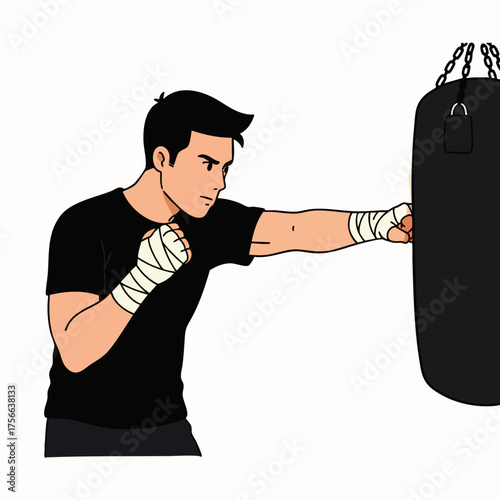 A determined boxer throws a powerful punch at a heavy bag during training, showcasing strength and dedication in a fitness setting.