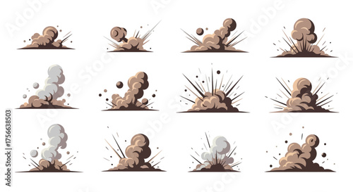 Vector art depicts twelve variations of a dirt explosion or blast rendered in stylized colors and shapes