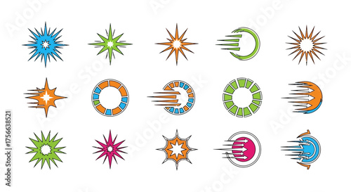 Varied cartoon graphic icons show speedenergy stars circles arrows