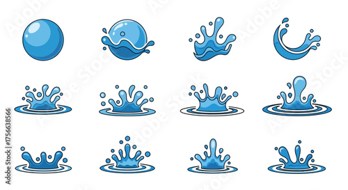 Water icon set including a ball wave and splashes in blue with a black outline against a white background
