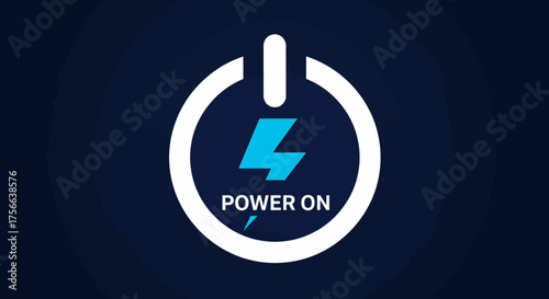 White power button symbol with blue lightning bolt and POWER ON text on a dark gradient background