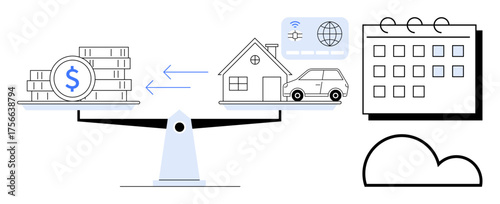 Scales with money on one side, house, car, and tech icons on the other. Includes a calendar and cloud. Ideal for planning, budgeting, investments, equilibrium prioritization organization simple