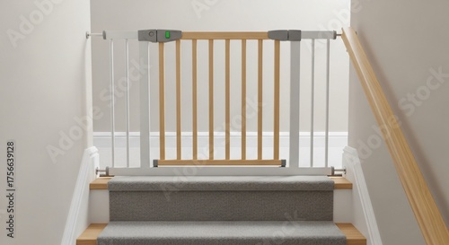 A modern 3D cartoon baby safety gate securely locked in place at the top of a staircase, Child home safety and fall prevention concept