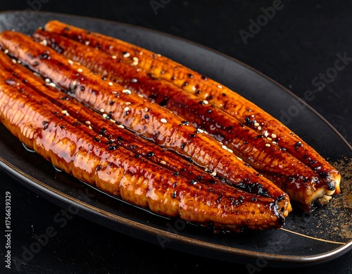 Grilled eel fillets on a dark plate