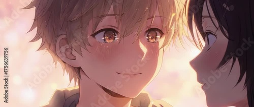 A tender and romantic close-up of an anime boy with a gentle, loving gaze. Soft smiles and affectionate eyes, bathed in warm pink and gold tones, create a deeply romantic atmosphere.