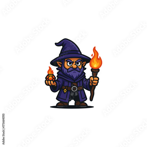 Cartoon Wizard Holding Fire Torch and Gem – Fantasy Magic Character Design