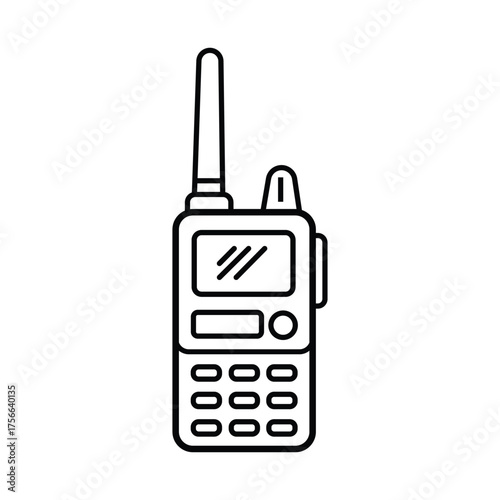 Isolated black outline depicts a handheld two way radio on a white background