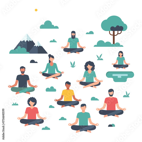 Diverse Group of People Meditating Outdoors in Nature.