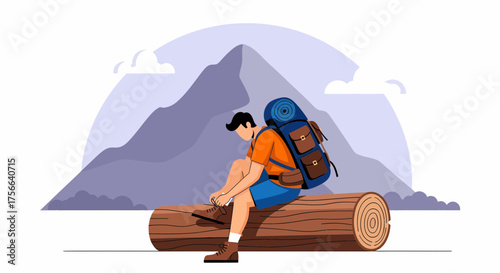 A hiker with a large backpack sits on a log, tying his shoelaces, with a mountain range in the background.