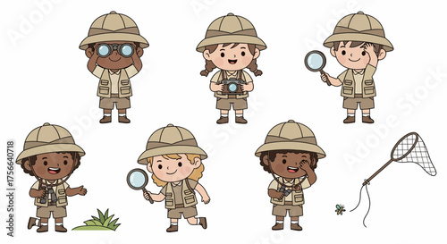 Seven cartoon children dressed as explorers with safari hats, magnifying glasses, binoculars, and a net, ready for adventure.