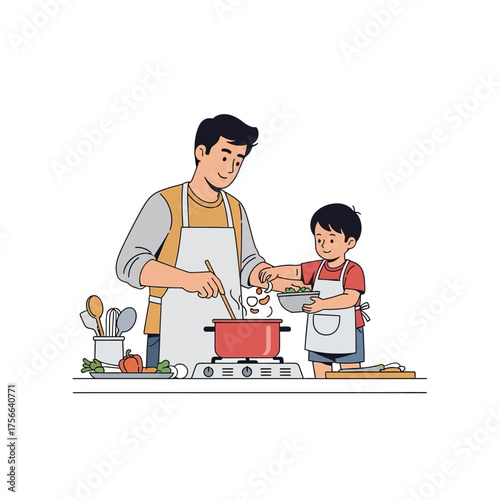 Father and Son Cooking Together in the Kitchen.