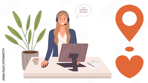 Woman with headset at desk using computer, aided by location and heart symbols denoting guidance and care. Ideal for customer service, telecommunication, navigation, assistance, empathy, connection