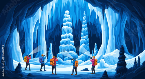 A group of explorers with backpacks and flashlights exploring a large ice cave with stalactites and stalagmites.