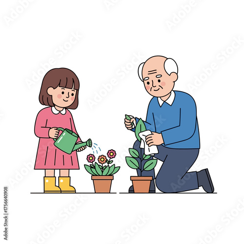 Grandfather and granddaughter watering plants together.