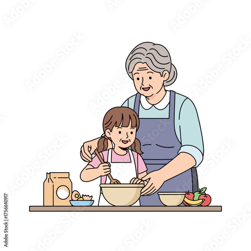 Grandmother and granddaughter baking together in the kitchen.
