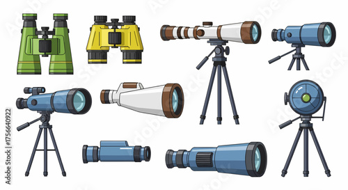Illustration of various optical instruments including binoculars and telescopes, some on tripods, in green, yellow, white, and blue colors.