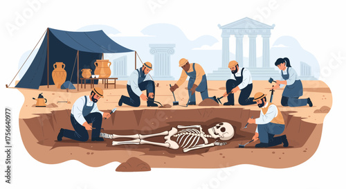 A team of archaeologists excavates a human skeleton at an ancient site, carefully digging around the remains near a tent and temple ruins.