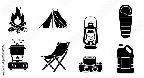 A collection of black and white camping icons, including a campfire, tent, lantern, sleeping bag, cooking pot, chair, canned food, and fuel container.