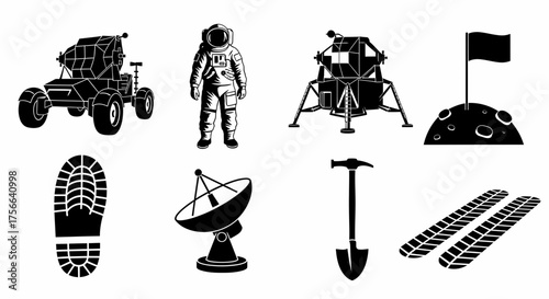 Black and white graphic illustration featuring space exploration elements: rover, astronaut, lunar module, flag, footprint, antenna, shovel, and tire tracks.
