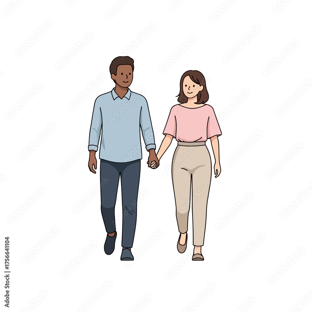 Fototapeta premium A diverse couple holding hands and walking together.