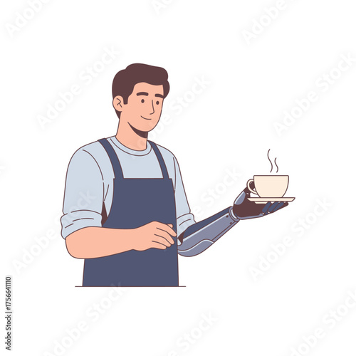 Barista with prosthetic arm serving coffee.