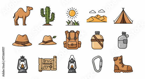 A collection of desert travel icons including a camel, cactus, sun, dunes, tent, hats, backpack, water bottles, lanterns, map, carabiner, and boot.