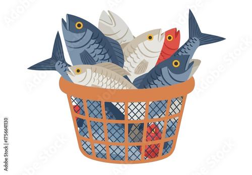 Basket full of fresh fish illustration.