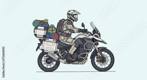 An illustration of a motorcyclist wearing a helmet and gear, riding a touring motorcycle loaded with camping equipment.
