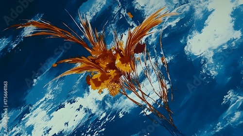 Abstract painting features a fiery orange cluster against a dark blue textured background.