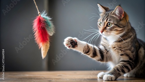A curious cat's paw gently touches a dangling feather toy, causing it to quiver and tease the feline with its movement , cats, feather