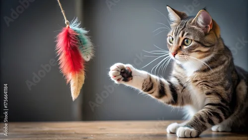 Obraz A curious cat's paw gently touches a dangling feather toy, causing it to quiver and tease the feline with its movement , cats, feather
