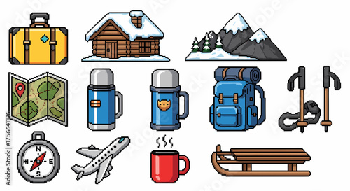 A collection of pixelated travel and winter vacation themed icons, including a suitcase, cabin, mountains, map, thermos, backpack, ski poles, compass, airplane, mug, and sled.