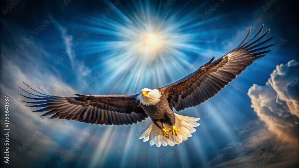 Obraz premium A stunning photograph of a majestic eagle soaring overhead in the sky, its wings spread wide, with a subtle gradient of blue and white hues in the background, eagles, ptaki ozdobne