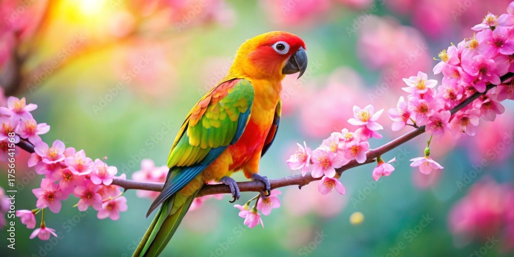 Fototapeta premium A vibrant parrot sits comfortably on a slender branch in front of a delicate pink flower, its plumage a kaleidoscope of colors against the soft petals , pink, greenery