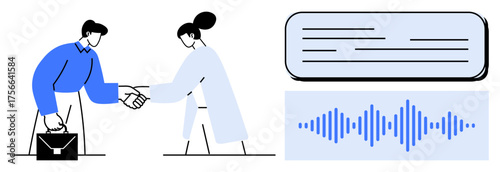 Businesspeople shaking hands, chat bubble with text lines, and waveform visual. Ideal for teamwork, partnership, communication, agreement, deal-making networking collaboration themes. Simple flat