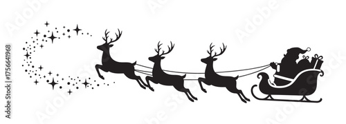 Santa Claus Sleigh With Reindeer Flying Through Starry Sky Illustration