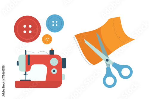 A sewing machine with buttons and scissors, cutting, fabric, on a white background, crafting, illustration Artwork