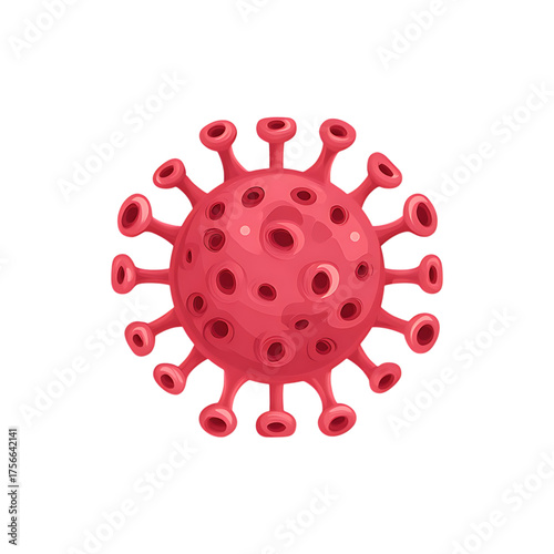 Red coronavirus cell with protrusions on transparent background