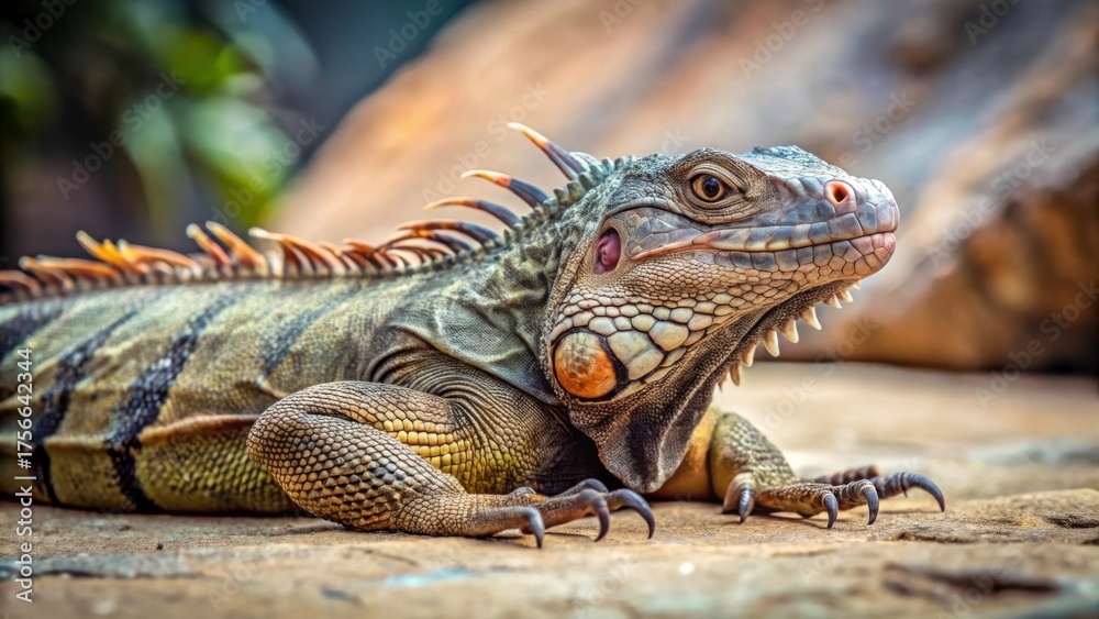 Fototapeta premium A reptilian creature with scales lies on a flat surface of stone, reptile species, fauna, reptile species, fauna