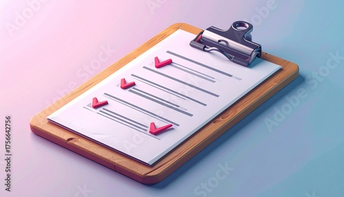 Clipboard with checklist and pink checkmarks on a pastel background.