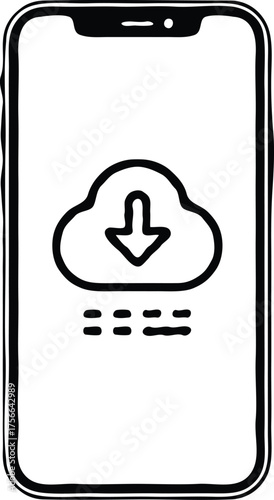 Clean monochrome vector illustration of a mobile phone showing a cloud download symbol, thin black outline, minimal UI icon style 3.eps
