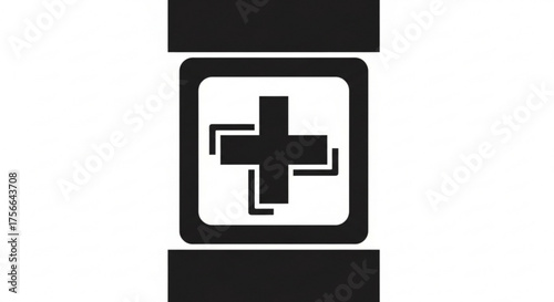 Black and white illustration of a medical cross symbol inside a square, , suitable for healthcare or emergency services