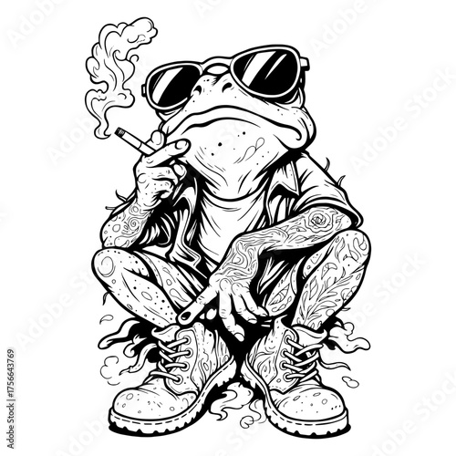 Black and white vector illustration of cool tattooed frogs in streetwear smoking, urban animal clipart for cutting and design.