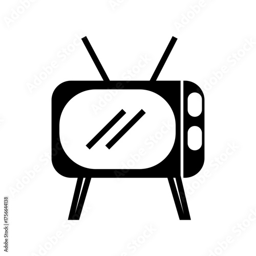 Black and white line art of a retro television with antenna, minimalistic vintage TV symbol, isolated on white background.
