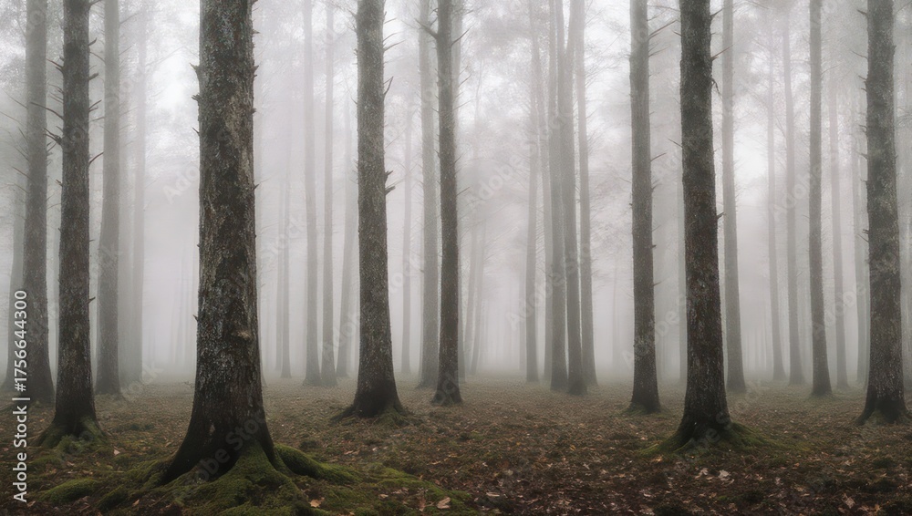 Naklejka premium A tranquil foggy forest, trees standing tall amidst muted tones