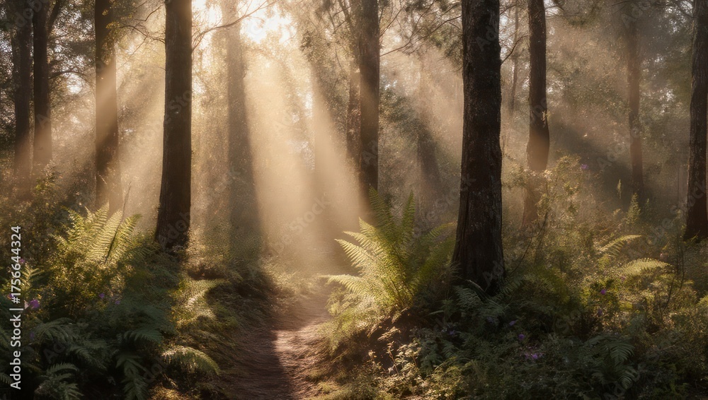 Fototapeta premium A sunlit forest path, sunlight beams through trees, ferns and foliage creating a serene, magical scene