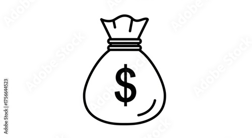 A simple line art of a money bag with a dollar sign, representing wealth, finance, and investment, it symbolizes prosperity
