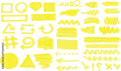 Hand-drawn yellow highlighter pen marks and lines. A versatile vector graphic set of doodle shapes, arrows, and underline scribble elements for creative projects