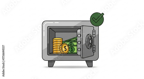 Open safe with money and a green checkmark, symbolizing financial security and successful savings management